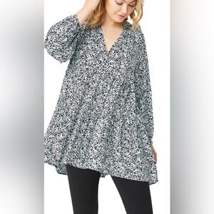 ellos NWT Plus Size Tiered Tunic With Notch V-Neck, black White, Rayon, 34/36 4x